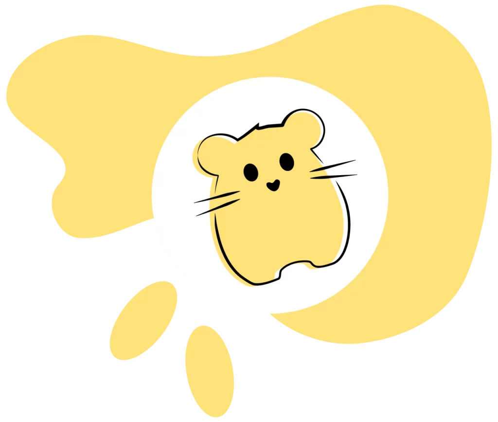 mascotte hamster sur une forme blob jaune