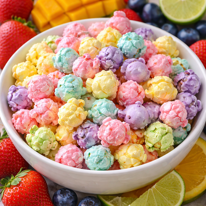 bol de popcorn colorés aux fruits avec des fruits en arrière plan