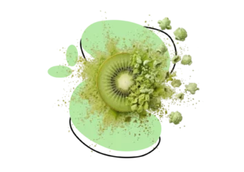kiwi avec effet d’explosion de poudre verte sur fond abstrait