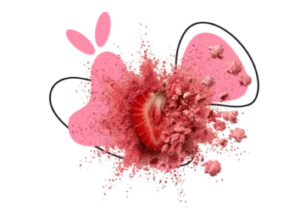 fraise avec effet d’explosion de poudre rose sur fond abstrait
