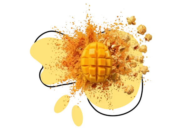 mangue avec effet d’explosion de poudre jaune sur fond abstrait