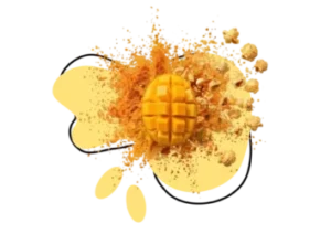 mangue avec effet d’explosion de poudre jaune sur fond abstrait