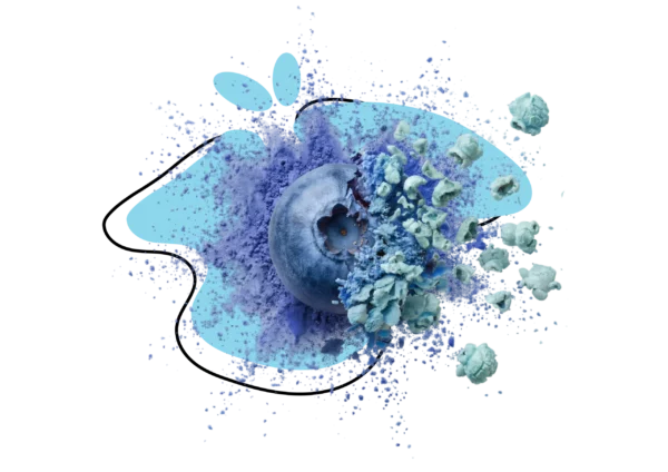 myrtille avec effet d’explosion de poudre bleue sur fond abstrait
