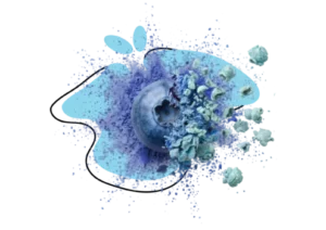 myrtille avec effet d’explosion de poudre bleue sur fond abstrait