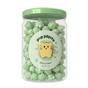 pot pop pépite transparent contenant des popcorn vert saveur kiwi