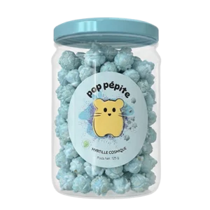 pot pop pépite transparent contenant des popcorn bleu saveur myrtille